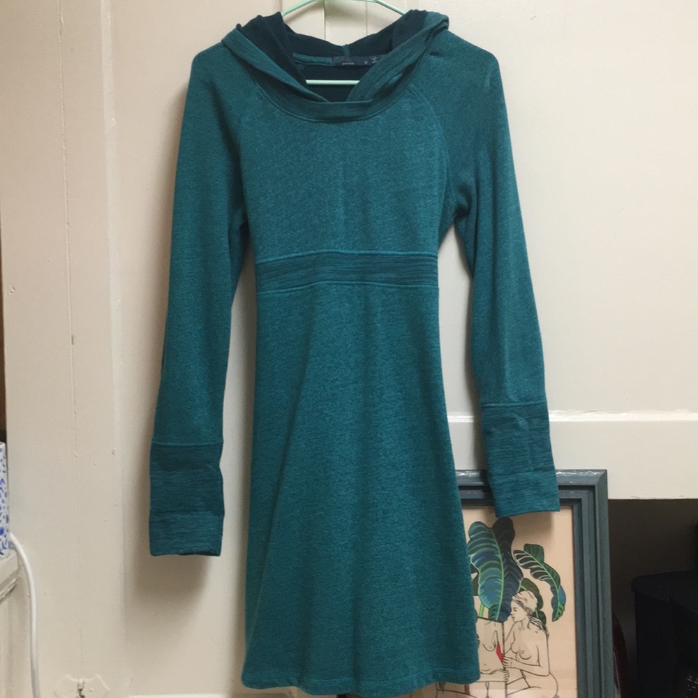 PRANA: Turquoise long sleeved hooded sweater dress